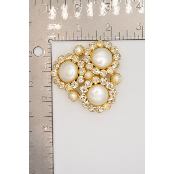 Vintage Crystal Pin Brooch Pearl Prong Cluster Gold Rhinestone Chunky 80s BinAC - Picture 12 of 12